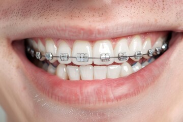 Obraz premium A young girl smiles and shows her crooked teeth. Mouth close-up.. Beautiful simple AI generated image in 4K, unique.