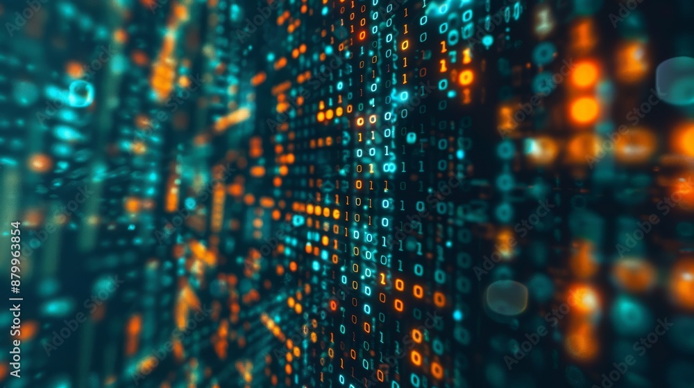Poster a digital matrix with streaming lights and binary codes portrays data flow and technology advancemen