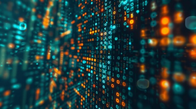 A digital matrix with streaming lights and binary codes portrays data flow and technology advancements