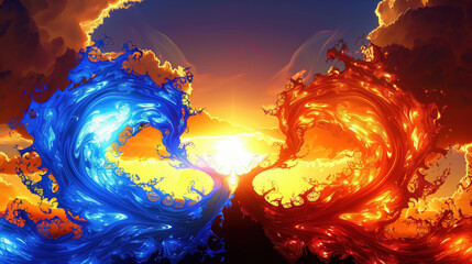 Fire And Water Elements In Surreal Artistic Landscape