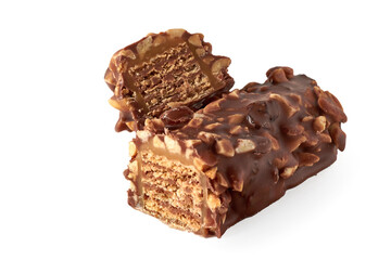 Wafer chocolate bar with nuts in a cut isolated on a white background