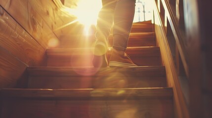 Ascending Towards Light: Person's Legs Climbing Stairs with Sunlight through Window