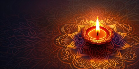 Candle is lit on dark background with patterned design