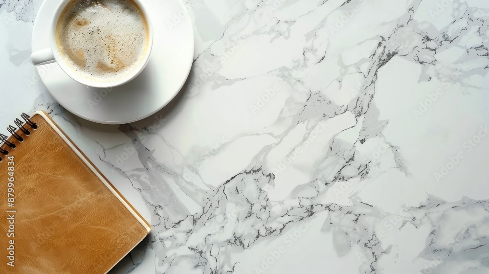 Poster notebook and coffee on marble surface with empty space
