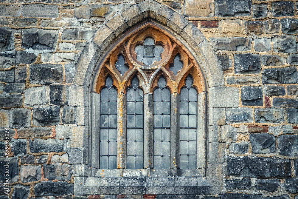 Poster A stone wall with a window and a clock, suitable for use in history or architecture-themed images