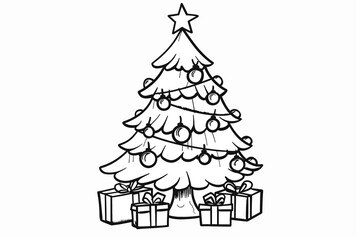 Image of a Christmas tree for coloring, featuring detailed outlines of ornaments and decorations. Perfect for children's activities and holiday fun