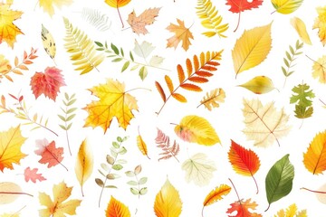 White background with variety of autumn leaves scattered throughout