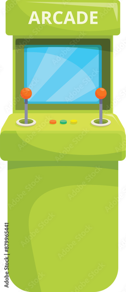 Poster green arcade game machine with joysticks and buttons, inviting players for a nostalgic gaming experi