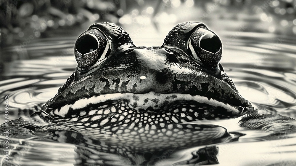 Poster a close-up of a frog's face in a waterbody with a tree background