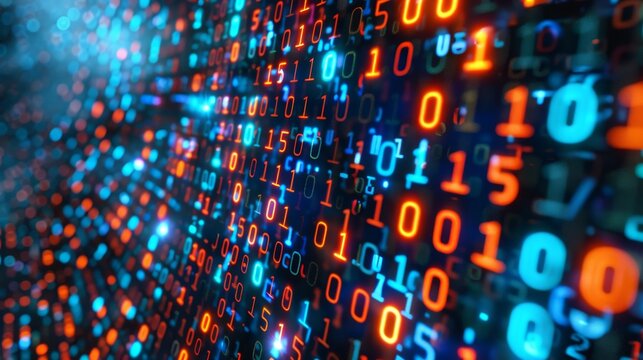 A digital matrix with streaming lights and binary codes portrays data flow and technology advancements