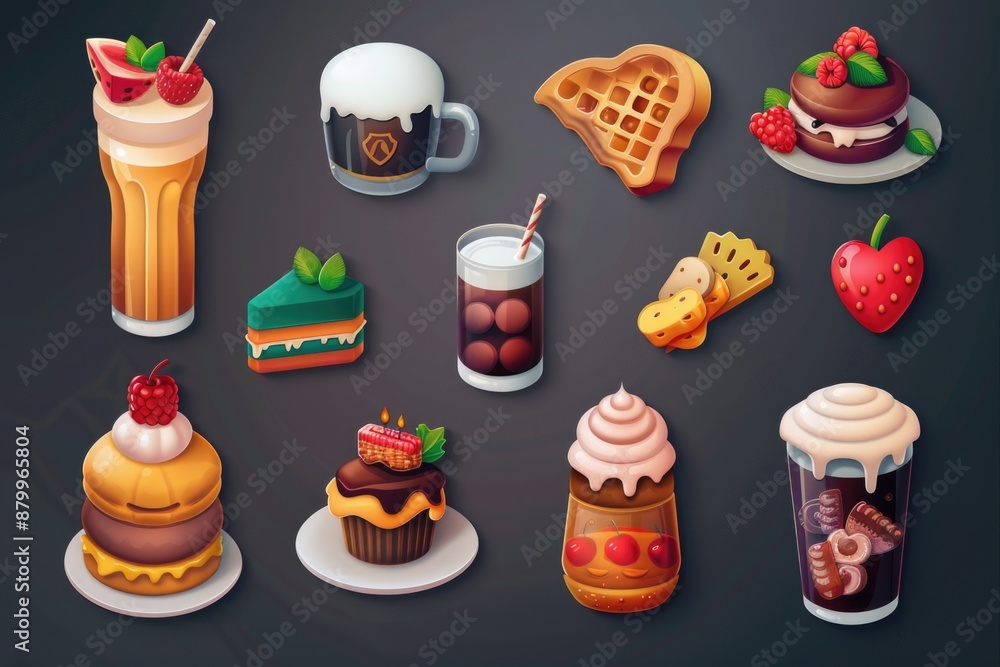 Wall mural collection of food and drink items, including cakes, waffles, and drinks