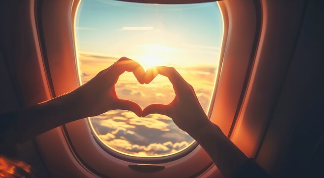 A person is making a heart shape with hands in an airplane window
