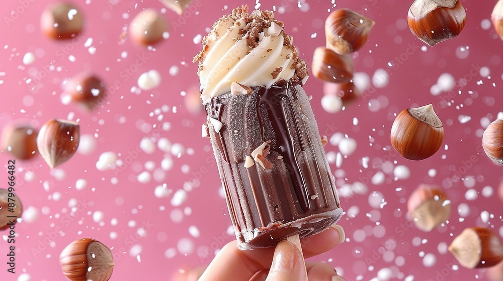 Poster a person holds an ice cream sundae in front of a pink background with scattered nuts and nut shells