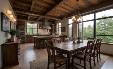 Cozy rustic farmhouse dining room with wooden beams, vintage furniture, and potted herbs