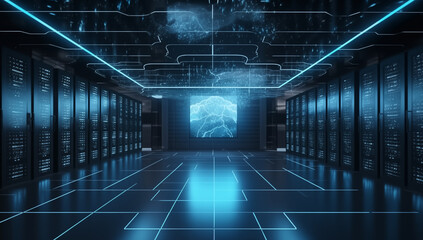 3d render of cloud computing concept with glowing hologram in modern server room