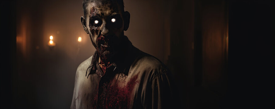 Scary zombie on a dark background at night the Halloween concept is gloomy, sinister