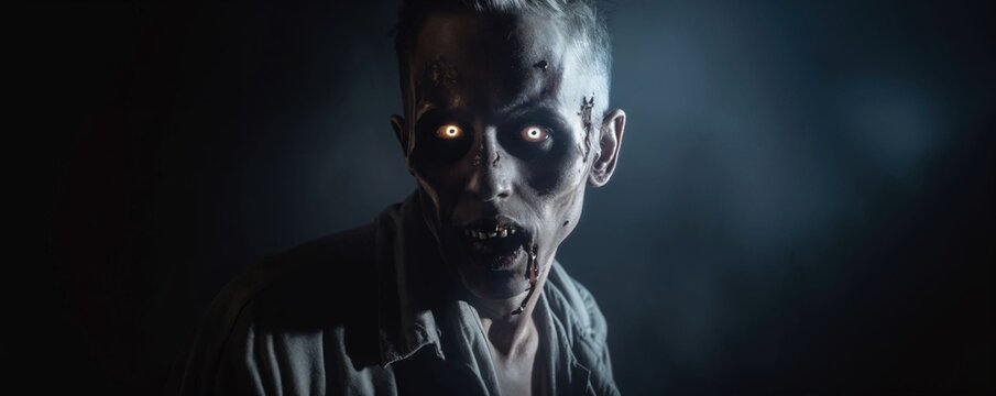 Scary zombie on a dark background at night the Halloween concept is gloomy, sinister