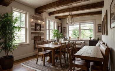 Fototapeta premium Cozy rustic farmhouse dining room with wooden beams, vintage furniture, and potted herbs