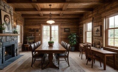 Fototapeta premium Cozy rustic farmhouse dining room with wooden beams, vintage furniture, and potted herbs