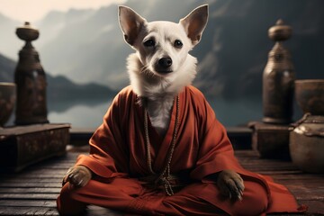 Cute chihuahua in a monk's robe on the background of mountains