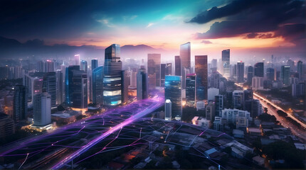 Fototapeta premium Smart city skyline with purple digital web