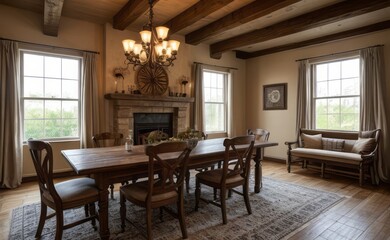 Fototapeta premium Cozy rustic farmhouse dining room with wooden beams, vintage furniture, and potted herbs