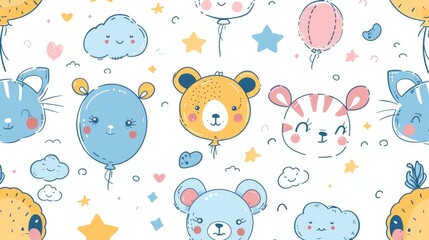 Fototapeta premium whimsical animal doodles, charming doodle design featuring happy animals, balloons, and clouds, perfect for adding a whimsical and dreamy vibe to any space