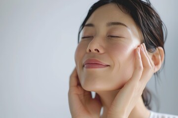 Skincare with beautiful Japanese Korean woman in her late thirties, with dark hair and wearing a white sleeveless top. Facial treatment, Cosmetology, Spa, Aesthetic, plastic surgery