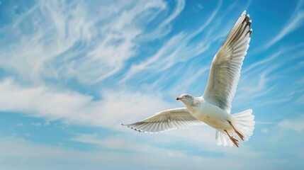 Fototapeta premium Bird in flight against blue sky with copy space below