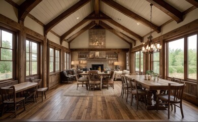 Fototapeta premium Cozy rustic farmhouse dining room with wooden beams, vintage furniture, and potted herbs