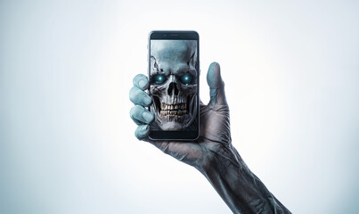 A zombie holds a phone in his hand a Halloween concept