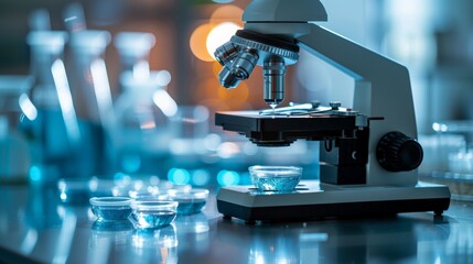 laboratory research, microscope and petri dishes set on laboratory table, creating a scientific background with text space