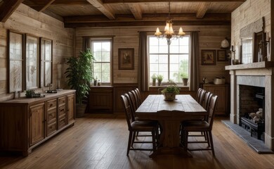 Cozy rustic farmhouse dining room with wooden beams, vintage furniture, and potted herbs