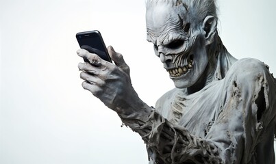 A zombie holds a phone in his hand a Halloween concept