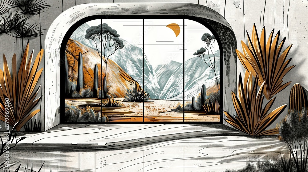 Poster a sketch depicting a window with a panoramic view of mountains and a flowing stream in the foregroun