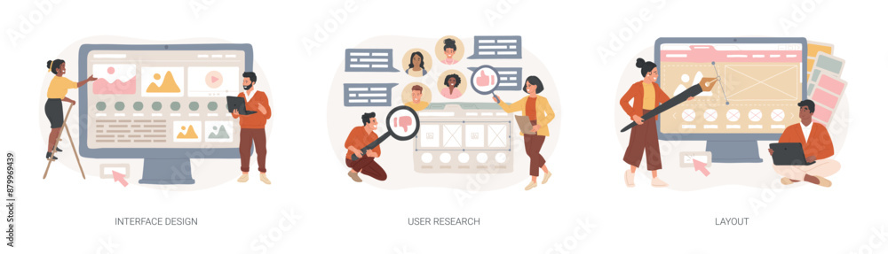 Poster user interface development isolated concept vector illustration set.