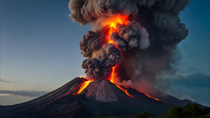 A dramatic image capturing a powerful volcanic eruption with glowing lava flows and dark smoke clouds against a twilight sky, showcasing the raw power of nature
