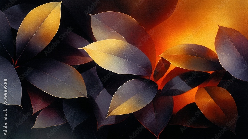 Poster a close-up of leaves on a black background with a red light in the center of the image