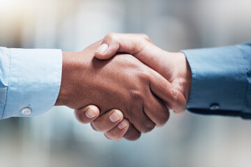 Business people, meeting and handshake closeup for welcome, agreement and b2b deal in company. Partnership, executive director and entrepreneur greeting investor for collaboration, success or support