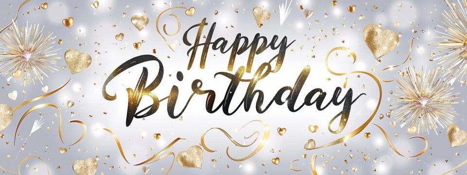banner design with the text "Happy Birthday" in an elegant script style, surrounded by fireworks and hearts on a light grey background Generative AI