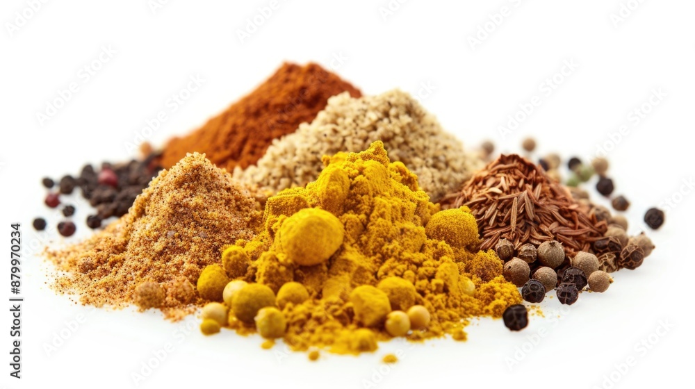Poster a collection of various spices arranged on a clean white surface