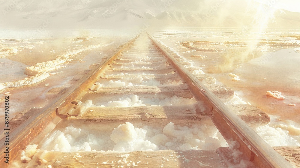 Poster a desert mirage with a train track and steam rising from the rails against a mountain backdrop