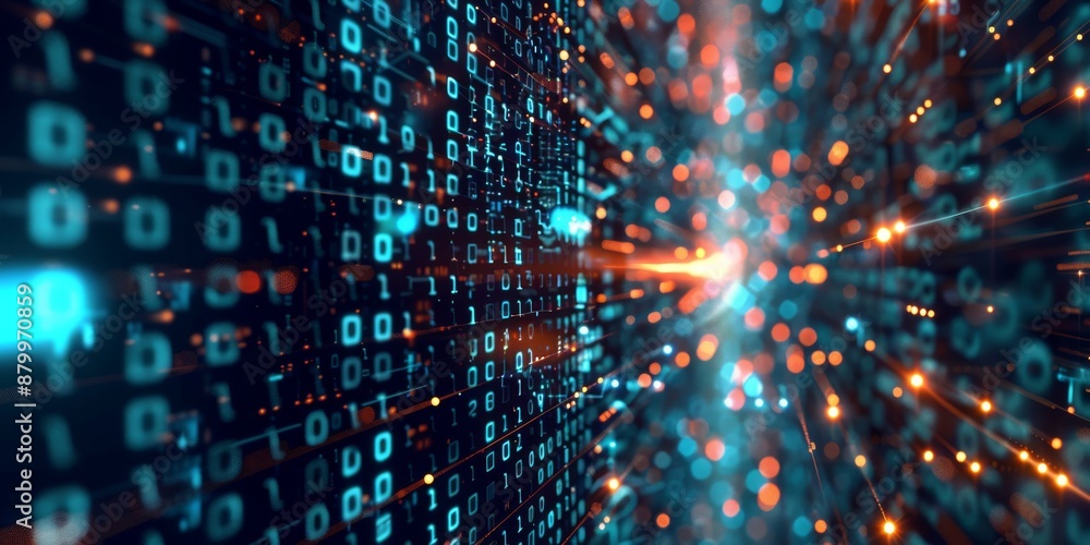 Poster a digital matrix with streaming lights and binary codes portrays data flow and technology advancemen