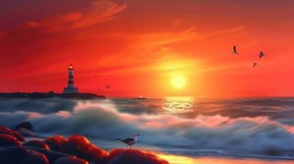 Fototapeta premium A sunset over the ocean with seagulls flying, lighthouse in the distance