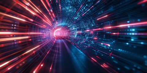 Dynamic depiction of a neon tunnel with vibrant blue and red lights, illustrating technological progress.