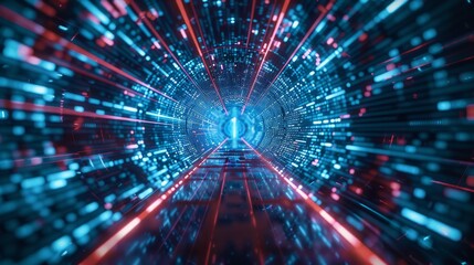 Obraz premium Dynamic depiction of a neon tunnel with vibrant blue and red lights, illustrating technological progress.