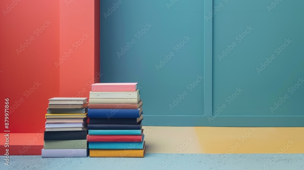 Aufkleber books stacked on colorful backdrop angled view empty space without individuals