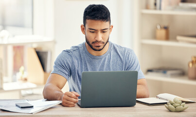 Fototapeta premium Business man, laptop and typing in modern office with planning appointment, online calendar and schedule. Consultant, notebook and computer by desk for project feedback, digital report and email app