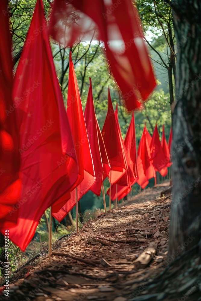 Aufkleber A row of red flags hangs from a tree, serving as a warning sign for unknown dangers