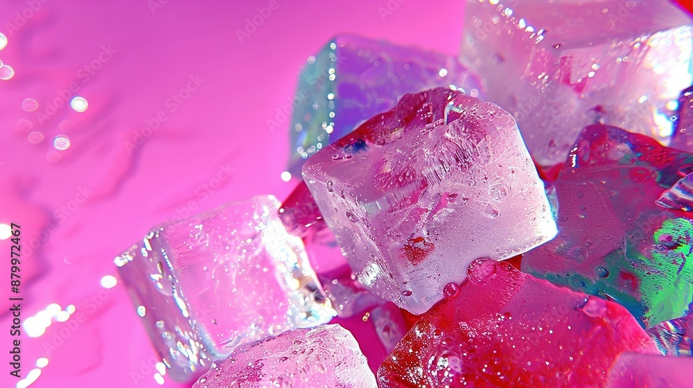 Poster a collection of multicolored ice cubes floating in a pink liquid